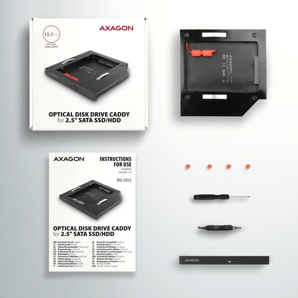 AXAGON RSS-CD09 2.5" SSD/HDD rámček na DVD slot, 9,5 mm, LED, ALU