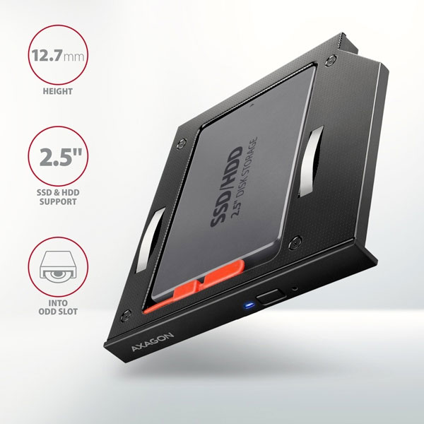 AXAGON RSS-CD12 2.5" SSD/HDD rámček na DVD slot, 12,7 mm, LED, ALU