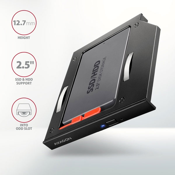 AXAGON RSS-CD12 2.5" SSD/HDD rámček na DVD slot, 12,7 mm, LED, ALU AXAGON RSS-CD12 2.5" SSD/HDD rámček na DVD slot, 12,7 mm, LED, ALU