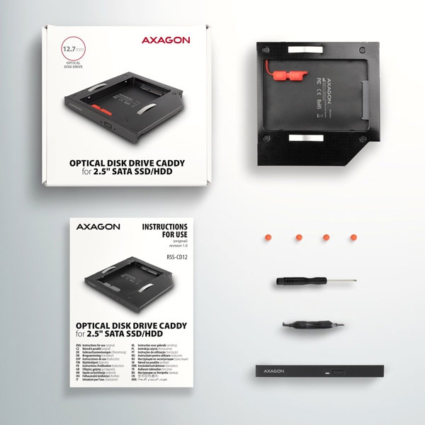 AXAGON RSS-CD12 2.5" SSD/HDD rámček na DVD slot, 12,7 mm, LED, ALU AXAGON RSS-CD12 2.5" SSD/HDD rámček na DVD slot, 12,7 mm, LED, ALU