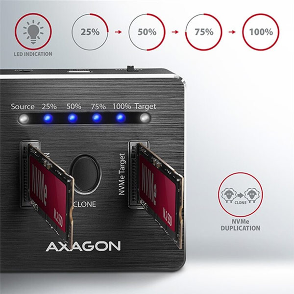 AXAGON ADSA-M2C dokovacia stanica USB-C 3.2 Gen2 pre 2x NVMe CLONE DUAL SDD