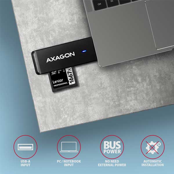 AXAGON CRE-S2N External SLIM čítačka pamäťových kariet, 2 sloty & lun SD/microSD AXAGON CRE-S2N External SLIM čítačka pamäťových kariet, 2 sloty & lun SD/microSD