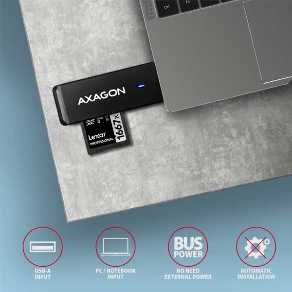 AXAGON CRE-S2N External SLIM čítačka pamäťových kariet, 2 sloty & lun SD/microSD