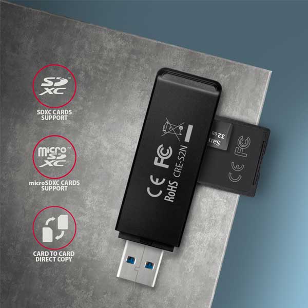 AXAGON CRE-S2N External SLIM čítačka pamäťových kariet, 2 sloty & lun SD/microSD AXAGON CRE-S2N External SLIM čítačka pamäťových kariet, 2 sloty & lun SD/microSD