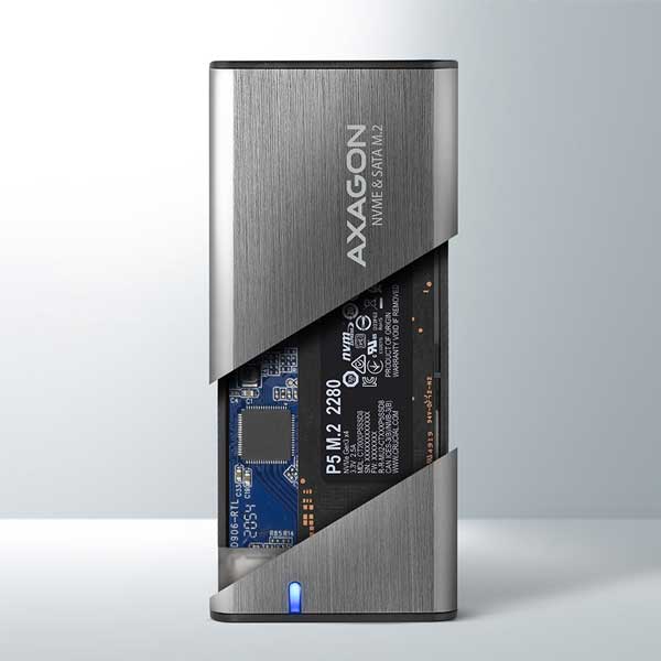 AXAGON EEM2-SG2 USB-C 3.2 Gen 2 - M.2 NVMe & SATA SSD RAW box bez skrutiek, strieborný