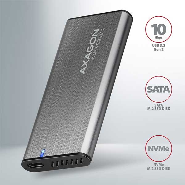 AXAGON EEM2-SG2 USB-C 3.2 Gen 2 - M.2 NVMe & SATA SSD RAW box bez skrutiek, strieborný