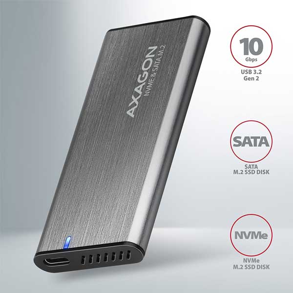 AXAGON EEM2-SG2 USB-C 3.2 Gen 2 - M.2 NVMe & SATA SSD RAW box bez skrutiek, strieborný AXAGON EEM2-SG2 USB-C 3.2 Gen 2 - M.2 NVMe & SATA SSD RAW box bez skrutiek, strieborný