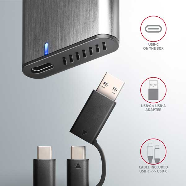 AXAGON EEM2-SG2 USB-C 3.2 Gen 2 - M.2 NVMe & SATA SSD RAW box bez skrutiek, strieborný