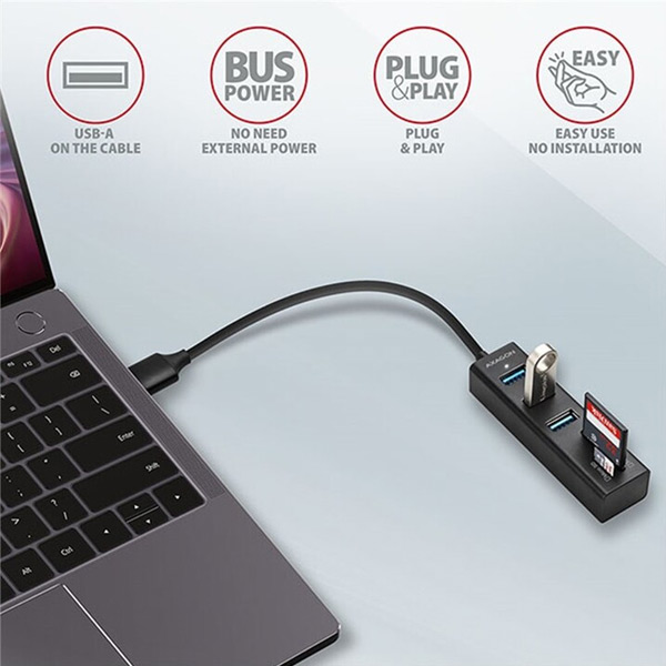 AXAGON HMA-CR3A 3x USB-A + SD/microSD, USB3.2 Gen 1 hub, USB hub a čítačka kariet, kovová , 20 cm USB-A kábel