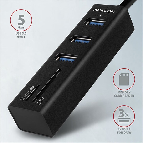 AXAGON HMA-CR3A 3x USB-A + SD/microSD, USB3.2 Gen 1 hub, USB hub a čítačka kariet, kovová , 20 cm USB-A kábel