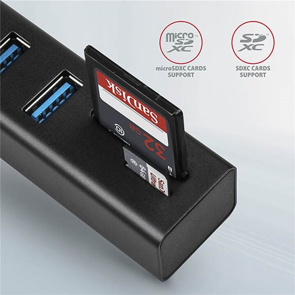 AXAGON HMA-CR3A 3x USB-A + SD/microSD, USB3.2 Gen 1 hub, USB hub a čítačka kariet, kovová , 20 cm USB-A kábel