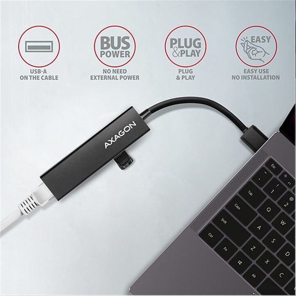 AXAGON HMA-GL3A 3x USB-A + GLAN, USB3.2 Gen 1 hub, kovový, 20 cm USB-A kábel