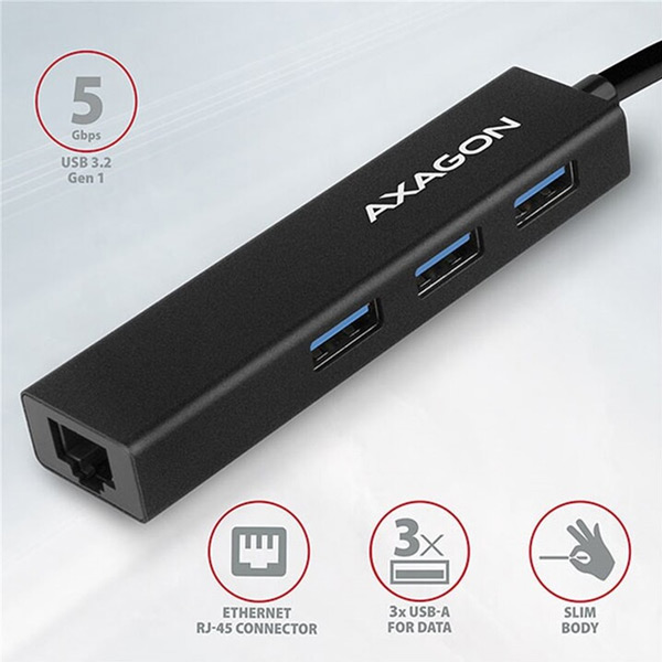 AXAGON HMA-GL3A 3x USB-A + GLAN, USB3.2 Gen 1 hub, kovový, 20 cm USB-A kábel AXAGON HMA-GL3A 3x USB-A + GLAN, USB3.2 Gen 1 hub, kovový, 20 cm USB-A kábel