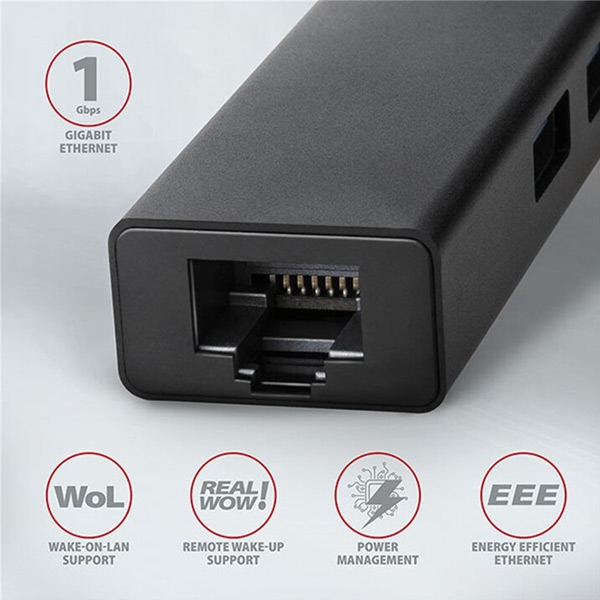 AXAGON HMA-GL3A 3x USB-A + GLAN, USB3.2 Gen 1 hub, kovový, 20 cm USB-A kábel