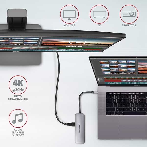 AXAGON HMC-5 2x USB-A, HDMI, SD/microSD, USB 3.2 Gen 1 hub, PD 100W, 20cm USB-C kábel, USB hub