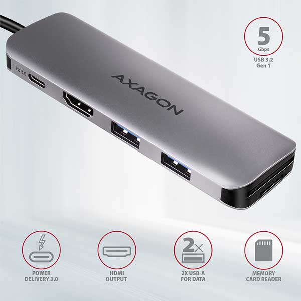 AXAGON HMC-5 2x USB-A, HDMI, SD/microSD, USB 3.2 Gen 1 hub, PD 100W, 20cm USB-C cable AXAGON HMC-5 2x USB-A, HDMI, SD/microSD, USB 3.2 Gen 1 hub, PD 100W, 20cm USB-C cable