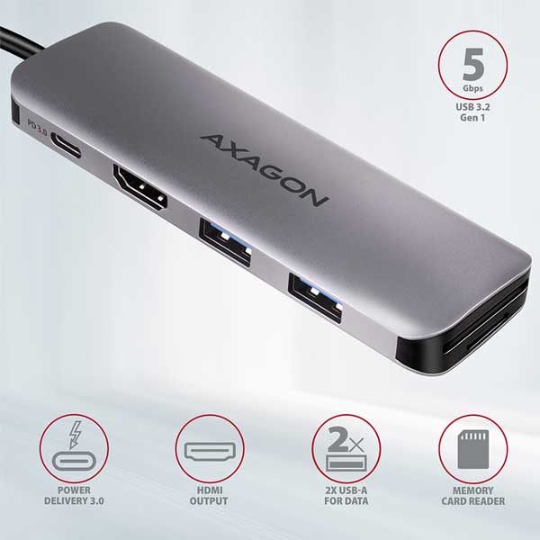 AXAGON HMC-5 2x USB-A, HDMI, SD/microSD, USB 3.2 Gen 1 hub, PD 100W, 20cm USB-C kábel, USB hub