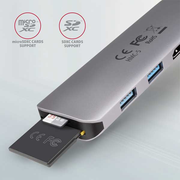 AXAGON HMC-5 2x USB-A, HDMI, SD/microSD, USB 3.2 Gen 1 hub, PD 100W, 20cm USB-C kábel, USB hub