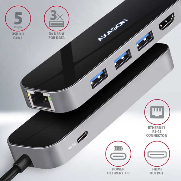 AXAGON HMC-6GL 3x USB-A, HDMI, RJ-45, USB 3.2 Gen 1 hub, PD 100W, 20cm USB-C kábel