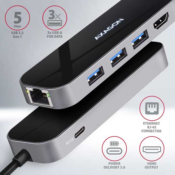 AXAGON HMC-6GL 3x USB-A, HDMI, RJ-45, USB 3.2 Gen 1 hub, PD 100W, 20cm USB-C kábel AXAGON HMC-6GL 3x USB-A, HDMI, RJ-45, USB 3.2 Gen 1 hub, PD 100W, 20cm USB-C kábel