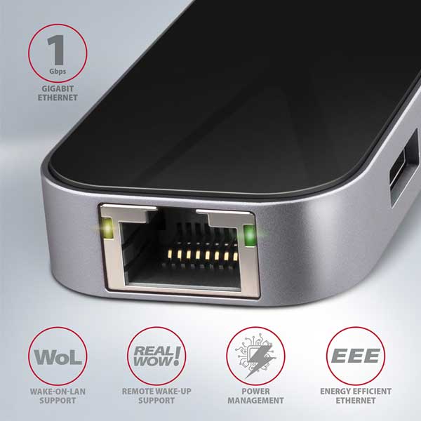 AXAGON HMC-6GL 3x USB-A, HDMI, RJ-45, USB 3.2 Gen 1 hub, PD 100W, 20cm USB-C kábel AXAGON HMC-6GL 3x USB-A, HDMI, RJ-45, USB 3.2 Gen 1 hub, PD 100W, 20cm USB-C kábel