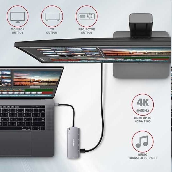 AXAGON HMC-6M2, USB 3.2 Gen 1 hub, porty 2x USB-A, HDMI, RJ-45 GLAN, SATA M.2 slot, PD 100W, kabel USB-C 18cm