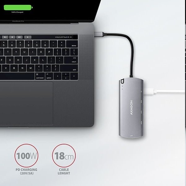 AXAGON HMC-6M2, USB 3.2 Gen 1 hub, porty 2x USB-A, HDMI, RJ-45 GLAN, SATA M.2 slot, PD 100W, kabel USB-C 18cm