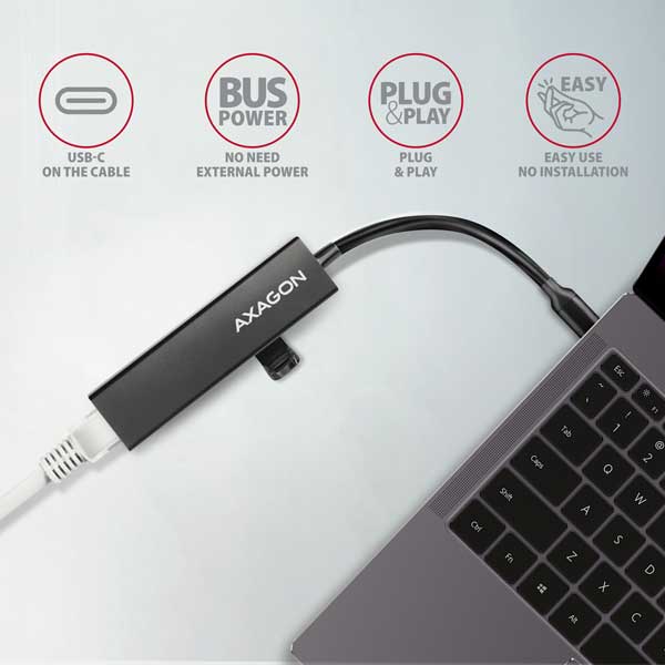 AXAGON HMC-GL3A 3x USB-A + GLAN, USB 3.2 Gen 1 hub, kovový, 20cm USB-C kábel