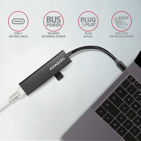 AXAGON HMC-GL3A 3x USB-A + GLAN, USB 3.2 Gen 1 hub, kovový, 20cm USB-C kábel AXAGON HMC-GL3A 3x USB-A + GLAN, USB 3.2 Gen 1 hub, kovový, 20cm USB-C kábel