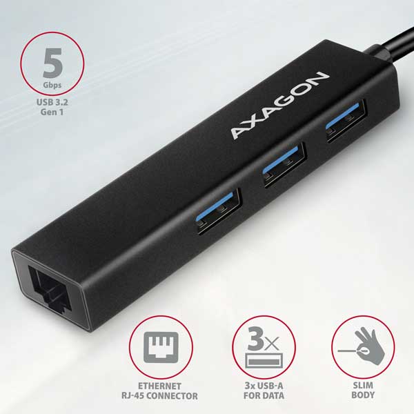 AXAGON HMC-GL3A 3x USB-A + GLAN, USB 3.2 Gen 1 hub, kovový, 20cm USB-C kábel
