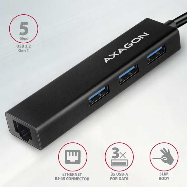 AXAGON HMC-GL3A 3x USB-A + GLAN, USB 3.2 Gen 1 hub, kovový, 20cm USB-C kábel AXAGON HMC-GL3A 3x USB-A + GLAN, USB 3.2 Gen 1 hub, kovový, 20cm USB-C kábel