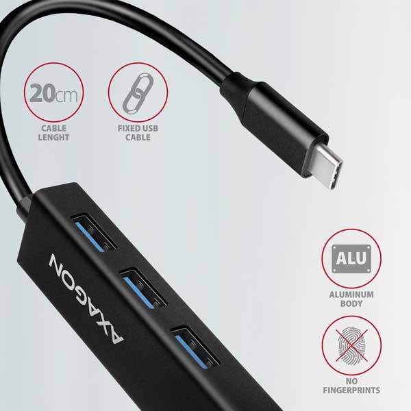 AXAGON HMC-GL3A 3x USB-A + GLAN, USB 3.2 Gen 1 hub, kovový, 20cm USB-C kábel