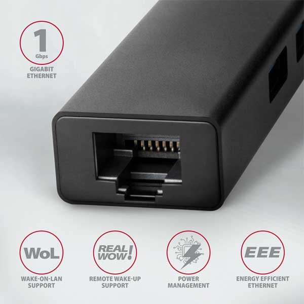 AXAGON HMC-GL3A 3x USB-A + GLAN, USB 3.2 Gen 1 hub, kovový, 20cm USB-C kábel