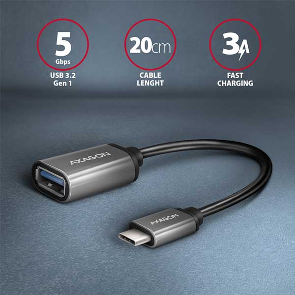 AXAGON RUCM-AFAC, káblová redukcia USB-C (M) <-> USB-A (F), 20cm, USB 3.2 Gen 1, 3A, ALU