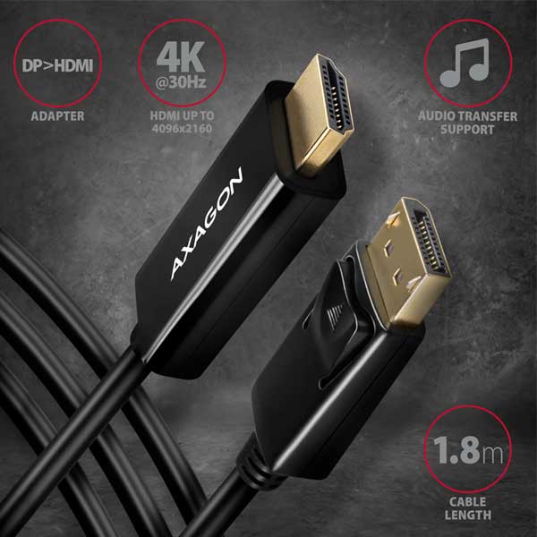 AXAGON RVD-HI14C2 DisplayPort > HDMI 1.4 redukcia kábel 1,8 m 4K/30 Hz