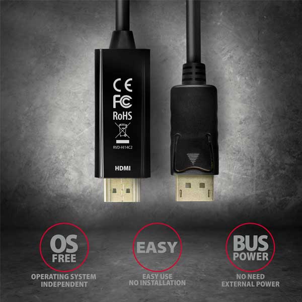 AXAGON RVD-HI14C2, DisplayPort -> HDMI 1.4 redukcia / kábel 1.8m, 4K/30Hz