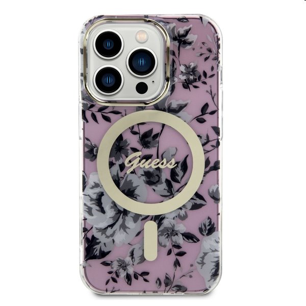 Zadný kryt Gues PC/TPU Flowers IML MagSafe pre Apple iPhone 14 Pro, ružová