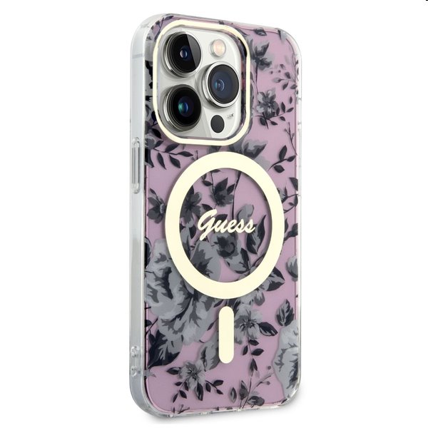 Zadný kryt Gues PC/TPU Flowers IML MagSafe pre Apple iPhone 14 Pro, ružová