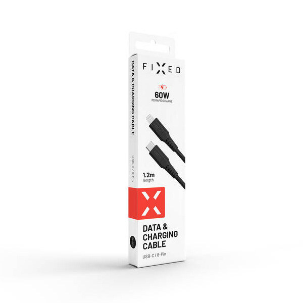FIXED Dátový a nabíjací Liquid silicone kábel USB-C/Lightning MFi, PD, 1,2 m, čierny