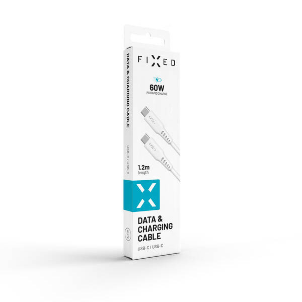 FIXED Dátový a nabíjací Liquid silicone kábel USB-C/USB-C, PD, 1,2 m, biely