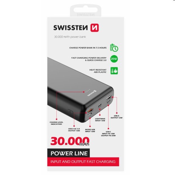 Swissten Power Line powerbanka 30000 mAh 20 W, PD, čierna a Cable Guy Crash Bandicoot Trilogy (Crash Bandicoot)