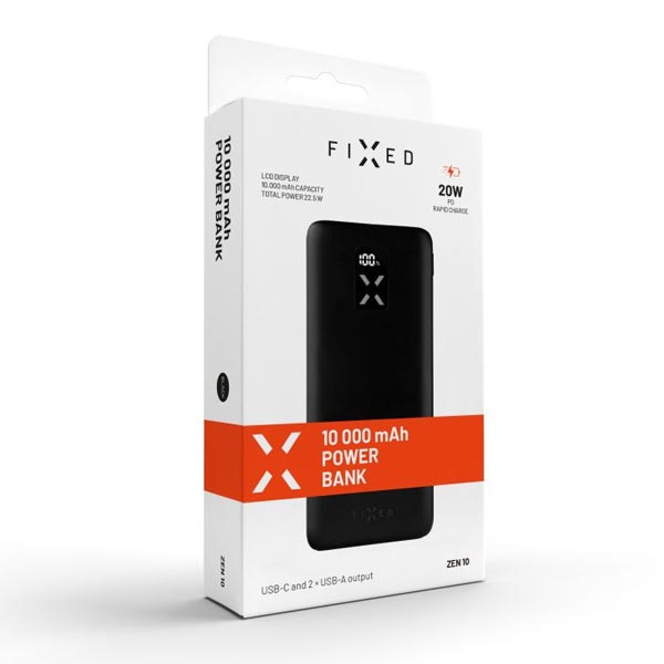FIXED Powerbanka Zen 10 s LCD displejom a výstupom PD 20W, 10 000 mAh, čierna