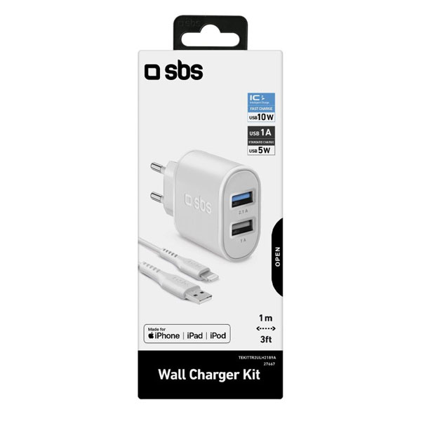 SBS Cestovná nabíjacia sada, Ultra Fast Charge, 2 x USB/Lightning MFI C-89 kábel, biela
