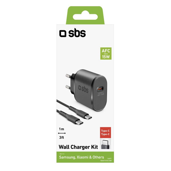 SBS Cestovná nabíjacia sada USB-C 15 W, kábel USB-C/USB-C, 1 m, čierna
