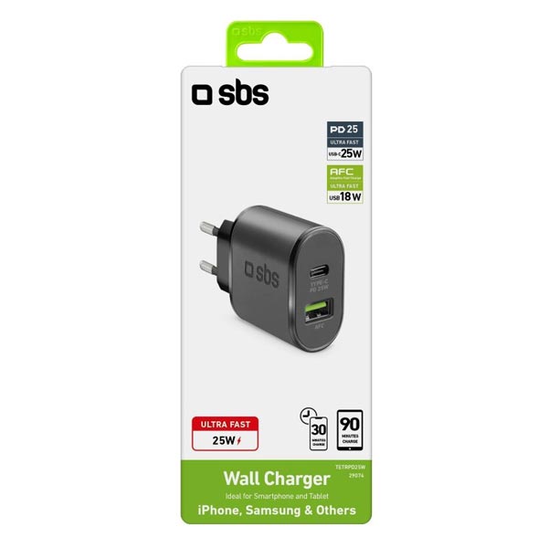 SBS Cestovný adaptér USB AFC/USB-C, PD 25W, čierna