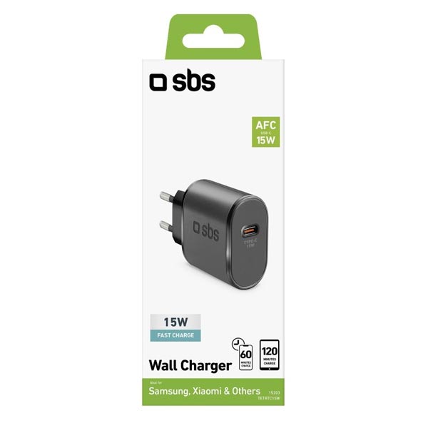 SBS Cestovný adaptér USB-C, AFC, 15 W, čierna