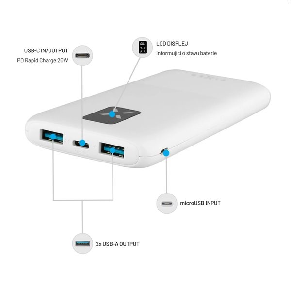 FIXED powerbanka Zen 10 s LCD displejom a výstupom PD 20 W, 10 000 mAh, biela