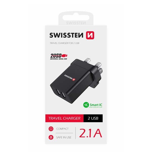 Sieťový Adaptér Swissten 2 x USB 10,5 W pre UK, čierna