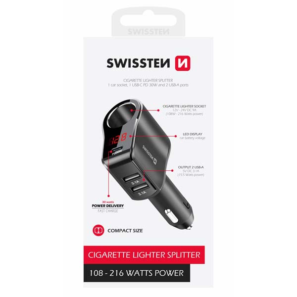 Swissten autoadaptér s výstupom 1x CL, 1x UCB-C PD a 2x USB-A, 108W - 216W, čierny
