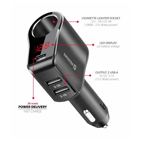 Swissten autoadaptér s výstupom 1x CL, 1x UCB-C PD a 2x USB-A, 108W - 216W, čierny
